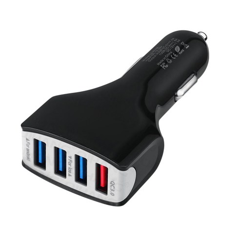 QC 3.0 빠른 충전 적응형 4 포트 USB 고속 차량용 충전기 전화 스마트 차량용 충전기, 검은 색