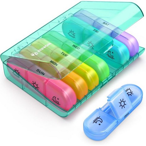 AUVON 주간 알약 정리기 하루 3회 휴대용 7일 상자 케이스에 약 비타민 생선 기름 및 보충제를 담을 수 있는 큰 분리된 칸이 있습니다, Light Cyan, 1개