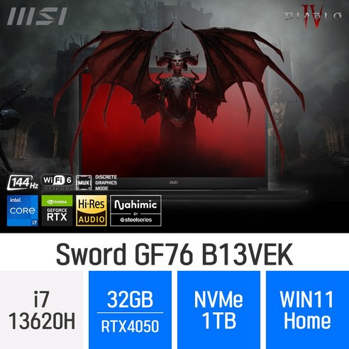   [디아블로4 호환/고성능노트북] MSI GF시리즈 Sword GF76 B13VEK, WIN11 Home, 32GB, 1TB, 코어i7, B