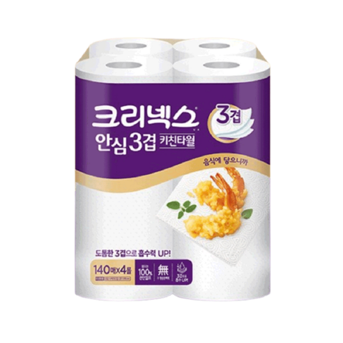 크리넥스 천연펄프 안심 3겹 키친타올 140매, 4개