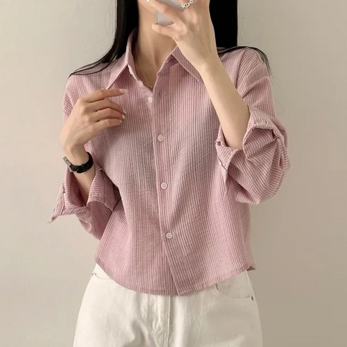 쪼예 요루원단 잔줄지 여리 세미크롭 긴팔 셔츠