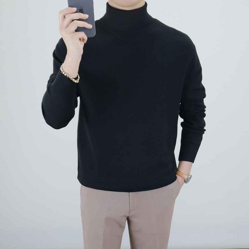 로코비전 남성 목폴라 니트 캐시미어 터틀넥 오버핏 부드러운 스웨터