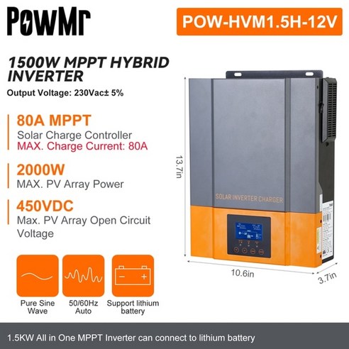 powmr 하이브리드 태양광 인버터 3.2kw 2.4kw 1.5kw 12v 24v 태양광 하이브리드 인버터 230vac 최대 pv 450v 빌드 80a mppt 충전기, 1.5kw 12v 인버터