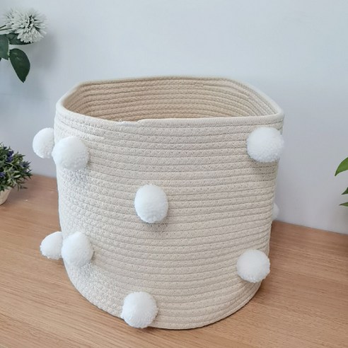 록신 수제 코튼 로프 데스크탑 마무리 잡화 보관 바구니, 흰색, 직경30*높이30cm