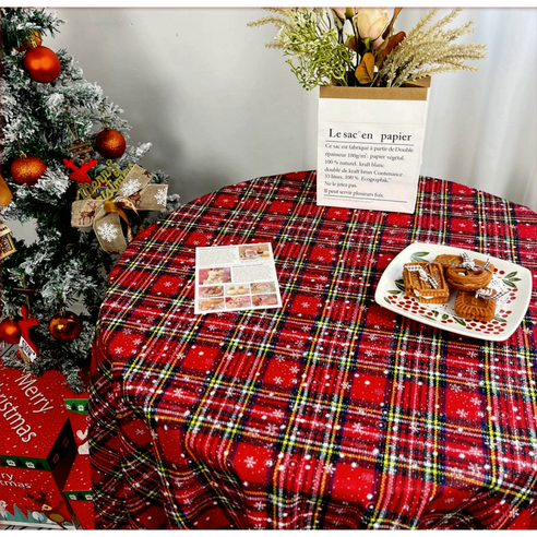 론조모니 크리스마스 체크 눈송이 테이블보 식탁보, 110 x 170cm