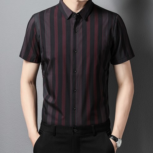 FULE 남성복 아저씨 선호 홀리 락 남성 2022 비즈니스 캐주얼 스트라이프 셔츠 스트레이트 핏 남성 반팔 대나무 섬유 셔츠 도매