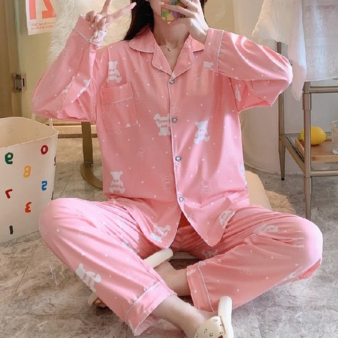 긴팔 카라 잠옷 상하의 세트 분홍빛