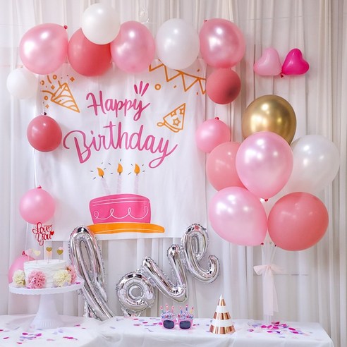 생일 홈파티 현수막 풍선 세트 파티 꾸미기 축하 용품, 핑크 생일현수막 풍선세트