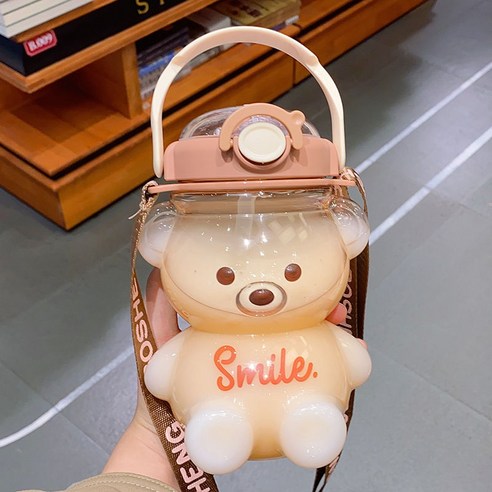 【휴대용 물병】만화 물컵 남녀 대용량 플라스틱 컵 빨대 컵 고안료 휴대용 귀여운 마음 주전자, 색깔6_컵+컵브러시+빨대브러시