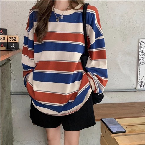 셀리즈로 캐주얼 루즈핏 스트라이프 레이어드 티셔츠
