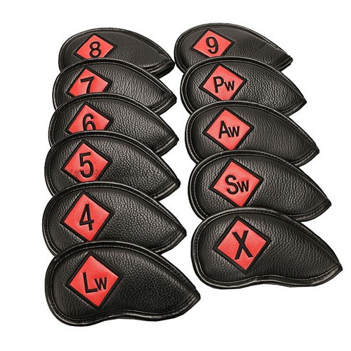골프채 모자 커버 신형 골프 철봉 세트 11개/세트 여지 무늬 방수 마름모 격자 모자 세트, 검정 붉은색