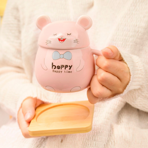 Danlu 귀여운 만화 세라믹 컵 커피 잔 잔 뚜껑 핑크, 핑크 "숟가락" 코스터