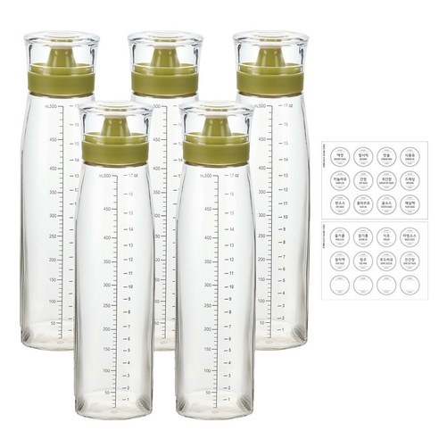 시노글라스 신형 오일병 양념병(라운드베이직 스티커 24종 포함), 올리브, 5개, 500ml