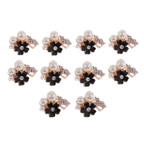 보석 DIY에 대 한 10pcs 진주 꽃 단추 라인 석 Diamante 꾸밈, 블랙, 합금