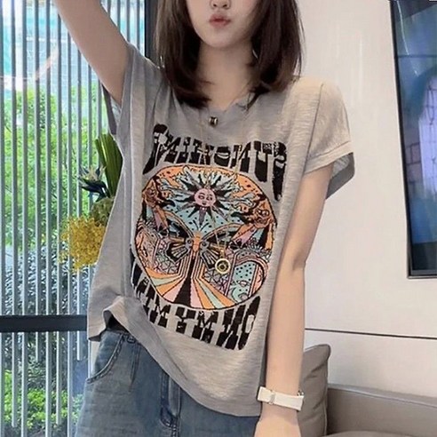 CuteQueen 귀여운여왕 슬라브 캐주얼 트렌드 군소 티셔츠 여성 여름 루즈핏 통통 MM 라운드 반팔 티셔츠 상의
