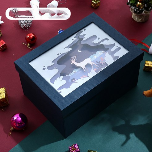 크리스마스 선물포장박스 밸런타인데이 선물포장박스 3D 큰뿔사슴 투명 창의 포장 축제 커플 종이 상자 선물포장박스, 네이비, 트럼펫 3D 큰뿔사슴 크리스마스 박스