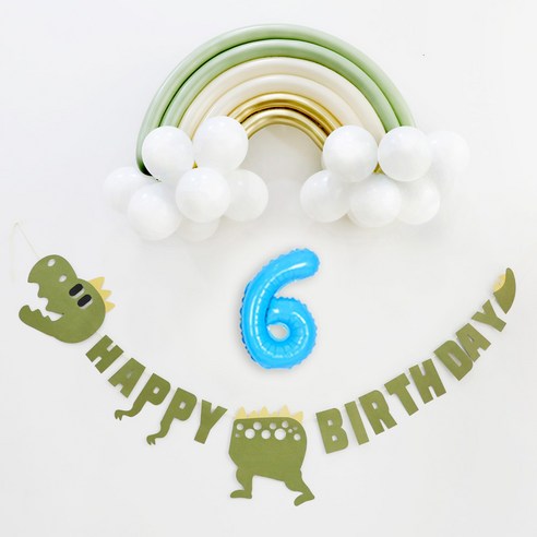 이베이비랜드 유칼립골드 무지개 생일 풍선 세트 숫자4 풍선 소 + 공룡 가랜드, 6, 하늘(숫자풍선)