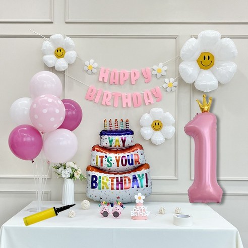 연지마켓 생일 파티 케이크 데이지 왕관 숫자 풍선 가랜드 세트, 1세트, 케이크 핑크B 1