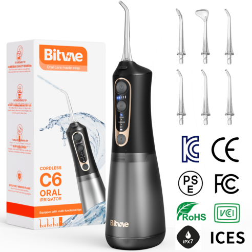 비트베이 C6 휴대용 무선 구강세정기 치간세정기 물칫실 6개노즐팁 2년무상AS Amazon, 블랙