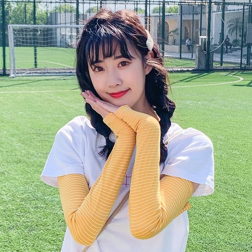 DFMEI ins 스트라이프 선 스크린 슬리브 여성 여름 남성 소매 아이스 실크 소매 팔 소매 얇은 팔 소매 모두 일치, DFMEI 줄무늬 노란색
