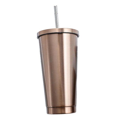 17oz/500ml 컵(빨대 및 뚜껑 포함) 스테인리스 스틸 컵 진공 절연 이중벽 커피잔 병 물, 황금, 높이: 188mm, 스테인레스 스틸