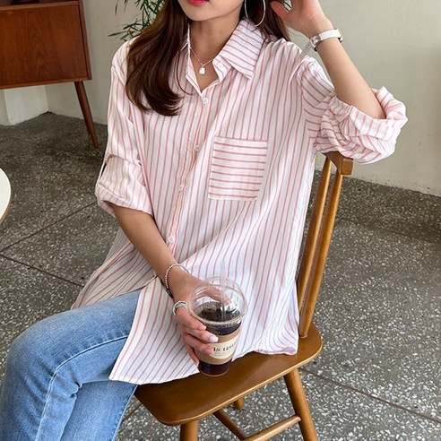 빅사이즈 오버핏 롱남방 긴팔 롤업스타일 카라셔츠 루즈핏 체형커버 데일리룩 오피스룩 투데이스트라이프롱셔츠