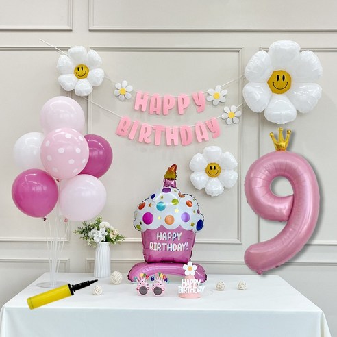 연지마켓 생일 파티 케이크 데이지 왕관 숫자 풍선 가랜드 세트, 1세트, 케이크 핑크A 9