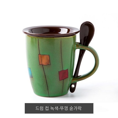 [다나에]뚜껑 숟가락으로 세라믹 머그잔 홈 우유 커피 컵, 녹색-뚜껑이있는 숟가락, {"사이즈":"420ml"}