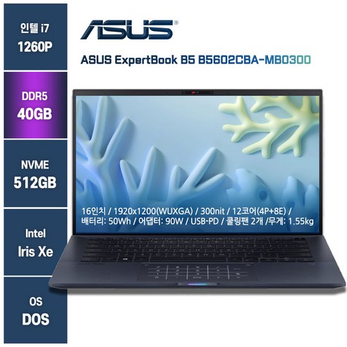 아수스사무용노트북 B5602CBA-MB0300, ASUS B5602CBA-MB0300, Free DOS, 40GB, 512GB, 블랙