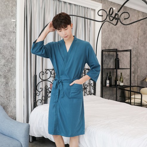 DFMEI 봄여름 면 가운 여 얇은 와플 가운 빅 사이즈 커플 가운 온천 가운, 짙은 녹색 남성, M은 125개 미만의 고양이에 적합합니다.