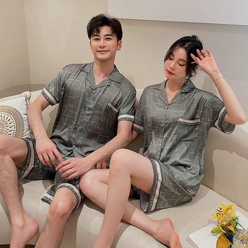 Funishi 반팔 반바지 실크 커플 홈웨어