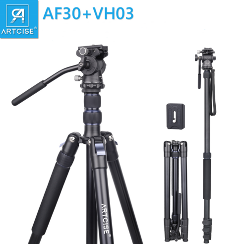 ARTCISE AF30 카메라 삼각대 유체 헤드 듀얼 Arca형 빠른 방출판 준중형 알루미늄 경량 여행 삼각대 단반 카메라 단발대 최대 부하 20kg, ARTCISE AF30+VH03+QRP