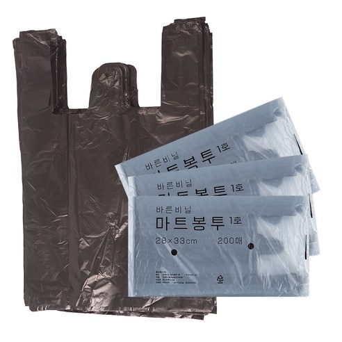 바른비닐 손잡이 비닐봉투 마트봉투 1호 검정 200매, 3개, 2L