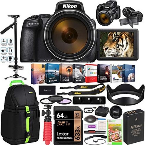 nikon coolpix p1000 컴팩트 디지털 4k uhd 카메라 w 125x 줌 슈퍼 망원 렌즈 vivitar st-6000 스태빌라이저 삼각대 + 데코 기어 백팩 + 필터