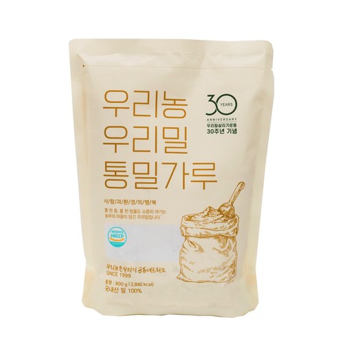 100% 국내산 우리밀 30주년 통밀가루 중력분 800g x5개 4kg, 5개 통밀밀가루