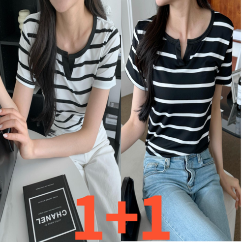럭스퍼피 1+1 2P 여성 여름 반팔 스트라이프 단가라 V넥 포인트 반팔 티셔츠