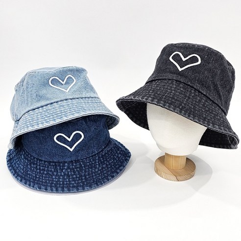 하트빔 데님 버킷햇 자수 워싱 코튼 여성 벙거지 청모자