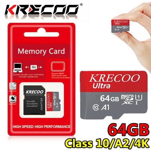 KRECOO® 256GB 128GB 64GB 4GB 마이크로 메모리 SD 카드 a1 고속 4k c10 고속 플래시 메모리 TF 카드(어댑터 포함), 64