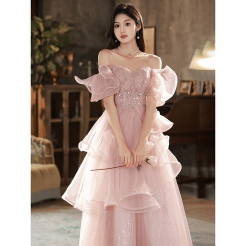 [웨딩나우ㅣ강추] 사계절 우아함을 선사하는 트윙클 핑크 러플 드레스 [WeddingNOWㅣ인기상품]