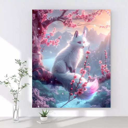 보석십자수 캔버스형 DIY 액자형 40x50cm 3D 대형 다이아몬드페인팅 그림 구슬십자수 행운 거실 인테리어 그림, 1개, 11 매화 흰여우
