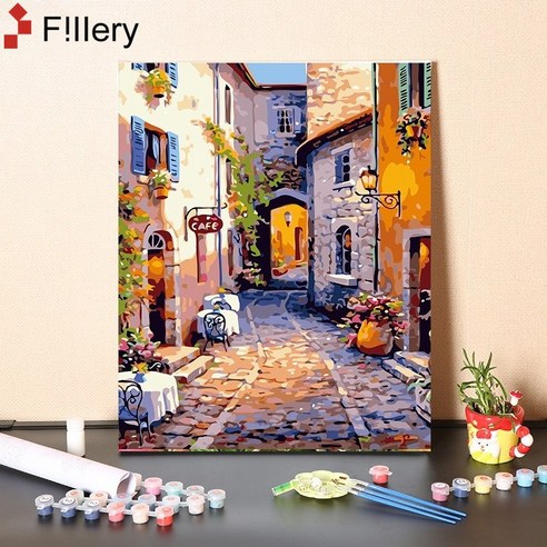 FiIIery DIY명화그리기 피포페인팅 풍경화 인물화그리기 그림그리기 세트 40 x 50cm, 123-거리와 골목