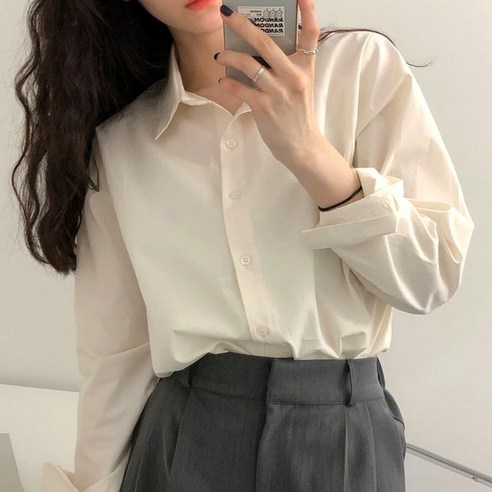 여성 데일리 루즈핏 솔리드 긴팔 셔츠