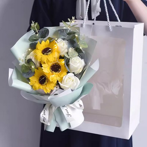 장미꽃다발 부케 시들지 않는 꽃 배합 LED 라이트 및 쇼퍼백, 해바라기 흰색 장미, 1개