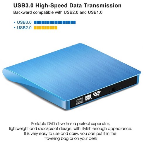 노트북 데스크탑용 USB 3 0 외장 광학 드라이브 DVD 녹음기 휴대용 외장 USB 녹음기, USB3.0 + Type-C 블루