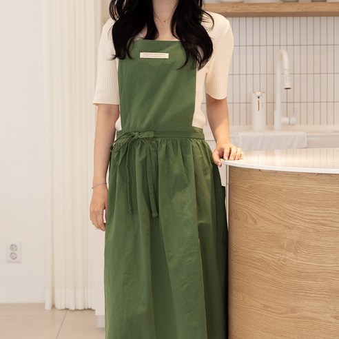 디리테일 린넨 앞치마 코튼 원피스형 주방 예쁜 어린이집 바리스타 까페 플로리스트 앞치마, 그린