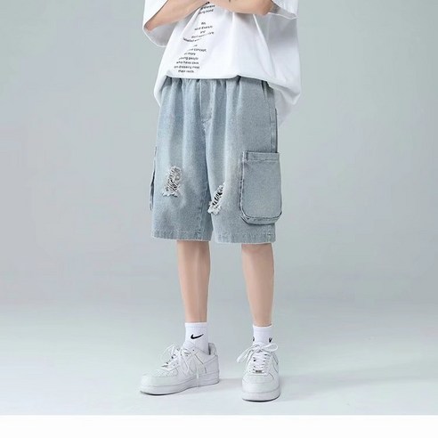 남자 청반바지 연청 데미지 흑청 데님 면반바지 470