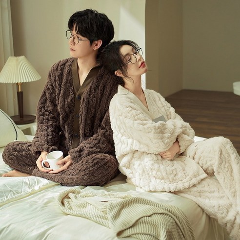 ANYOU겨울 커플잠옷 기모 타월 원단 따뜻한 수면잠옷 홈웨어