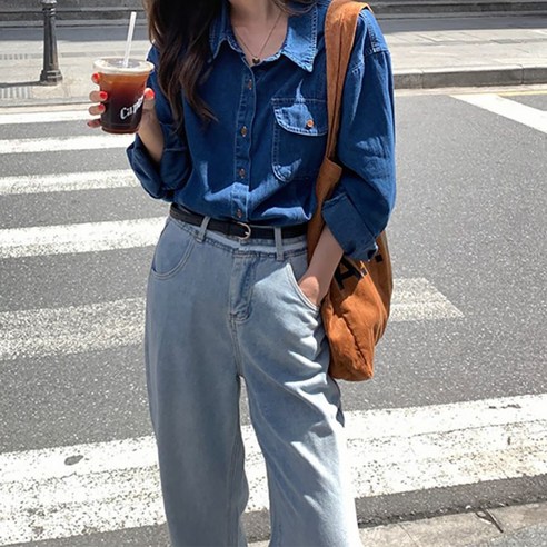 네모엔룩 여성용 원포켓데님 베이직 카라넥 단추 데님 셔츠 루즈핏 긴팔 청남방 블라우스 NL