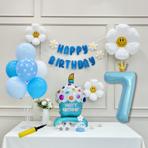 연지마켓 생일 파티 케이크 데이지 왕관 숫자 풍선 가랜드 세트, 1세트, 케이크 블루A 7