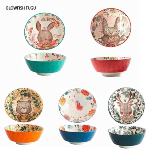 BLOWFISH FUGU 북유럽 그릇 세트 캐릭터 밥그릇 국그릇입니다, 조합합니다, 5P4.5인치입니다